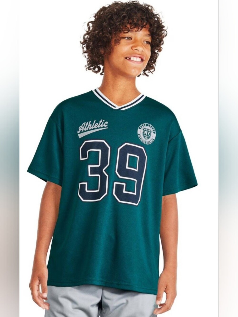Kids Athletic V-Neck Jersey Tee in Teal with Number 39/10034
